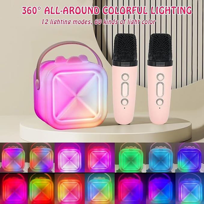 Mini Karaoke Machine with 2 Wireless Microphones, Portable Rechargeable Bluetooth Singing Machine, Small Karaoke Machine for Kids Toddler Toys, Gifts for 3 4 5 6 7 8 9 10 Year Old Girls