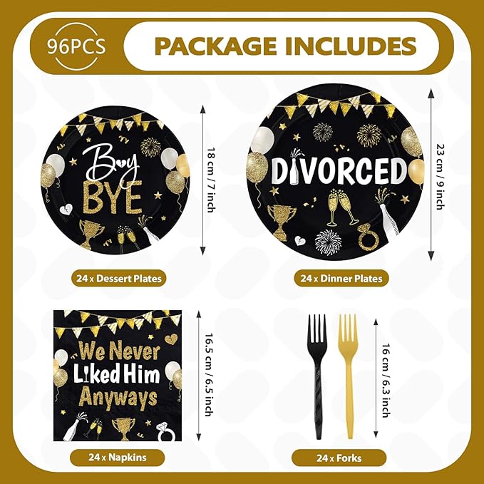96Pcs Divorced Party Decorations We Never Liked Him Anyway Plates and Napkins Black Gold Divorced Disposable Paper Tableware Set for Women Men Break Up Divorce Party Supplies Serves 24