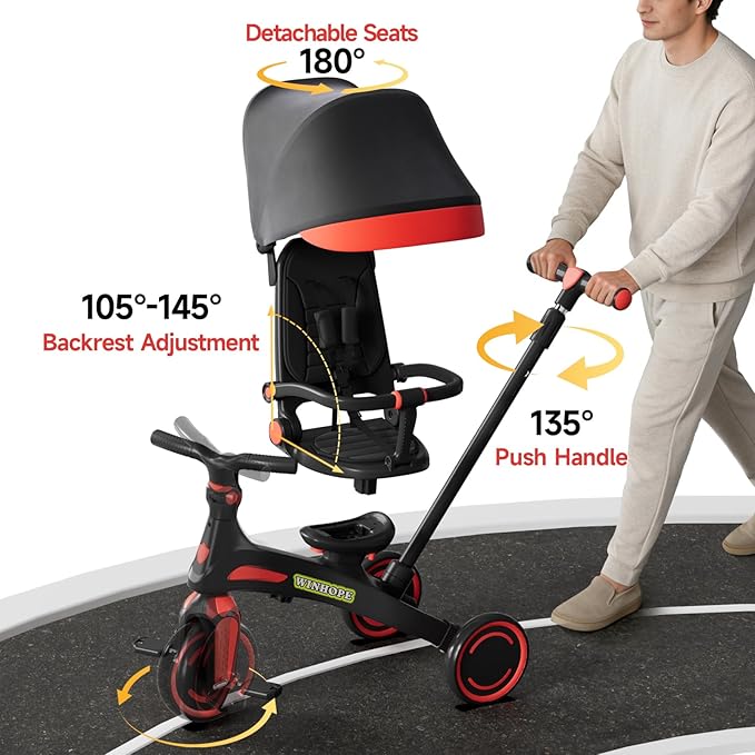 Winhope Kids Tricycle, 6 in 1 Baby's Tricycle Toddler Trike with Adjustable Push Handle, Reversible Seat and Canopy, Baby Stroller for 1-6 Year Olds, Suitable for Outdoor Activities(Red)