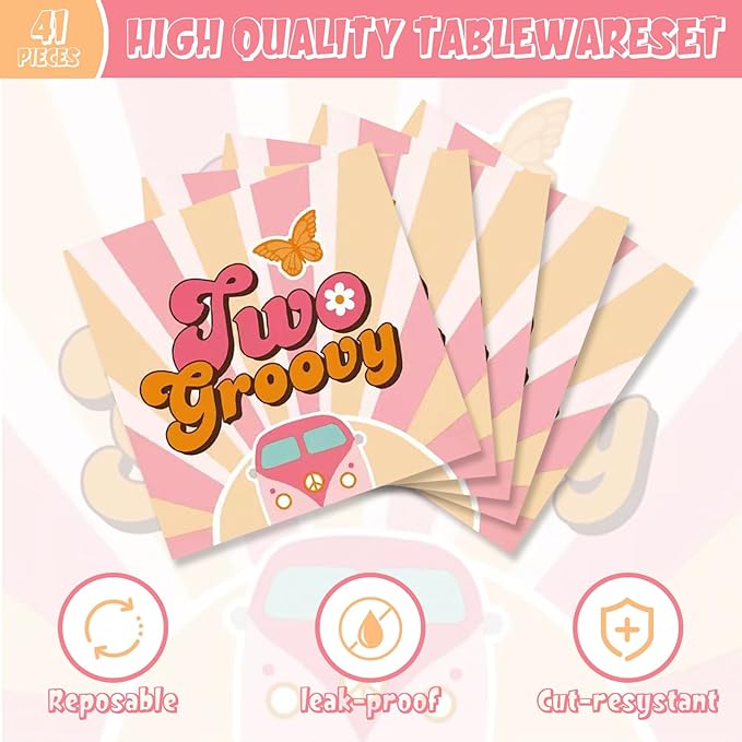 41pcs Two Groovy Party Supplies,include 20 Dessert Plate,20 Napkin and 1pcs Tablecloth,Used for Retro Hippie Rainbow Boho Birthday Party Decoration