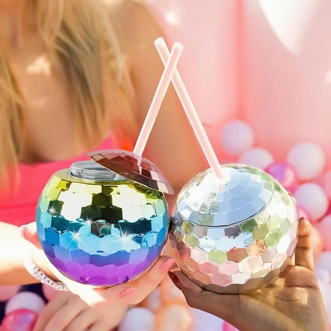 Disco Ball Cups, 20OZ Disco Party Cups with Lid and Reusable Straw Flash Ball Cocktail Cup for Party Nightclub Bar Supplies Wine Drinking Syrup Tea Bottle (12, Rainbow)