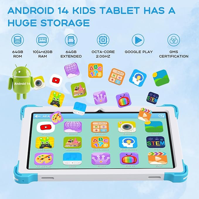 10 Inch Android 15 Kids Tablet, 10GB RAM 64GB ROM Storage, 10000mAh Large Battery, Parental Control, Pre-Installed Educational Apps, Learning Tablet for Kids 3-7（Blue）
