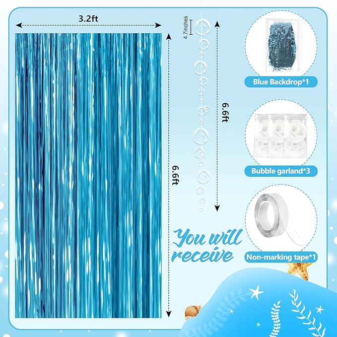 Under The Sea Party Decorations,1 Blue Fringe Backdrop 3 Bubble Garlands with Tape for Beach,Water,Pool,Ocean Themed Decor,Mermaid Birthday Photo Props,Ocean Baby Shower Party Supplies