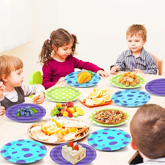 48PCS Monster Birthday Party Paper Plates for Monster Theme Party Table Supplies 7" Cartoon Blue Green and Purple Disposable Dessert Plates Tableware for Kids Birthday Baby Shower Decorations