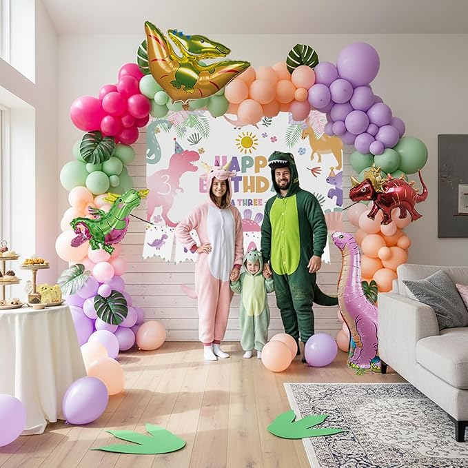 Three-Rex Cute Dinosaur theme birthday party Decorations with Pink Green balloon and dino foil balloon & footprint sticker & ROAR Banner Backdrop & Artificial Palm Leaves for Girls 3rd birthday