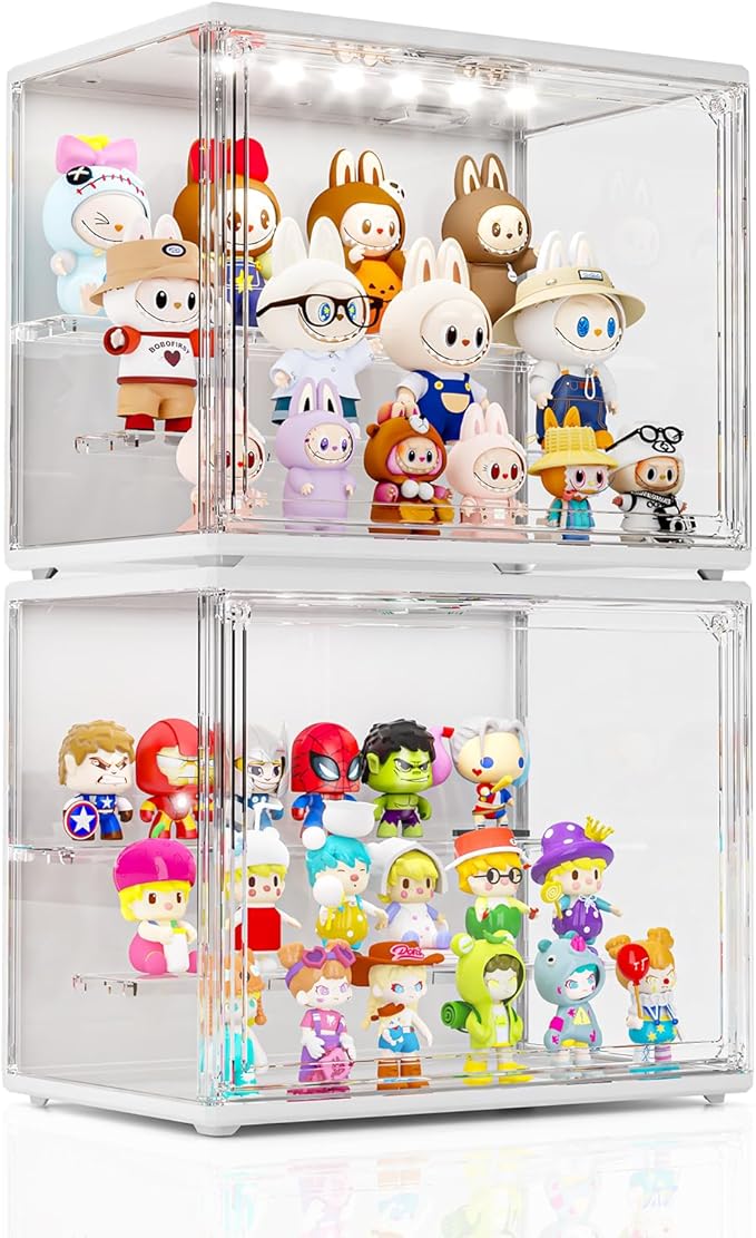 Acrylic Display Case for Collectibles with LED Light, 3 Layer Adjustable Figure Display Case with Magnetic Door, Lighted Display Box Stackable Clear Blind Box for Action Figure, Popmart, 2 Pack