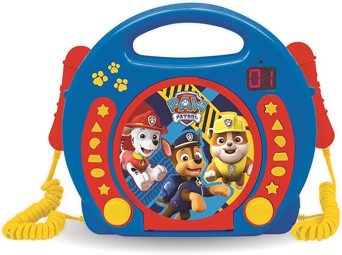 Lexibook Paw Patrol Chase Marshall, Karaoke CD Player with 2 Microphones, Programming Function, Headphones Jack, for Kids, with Power Supply or Batteries, Blue/Red, RCDK100PA