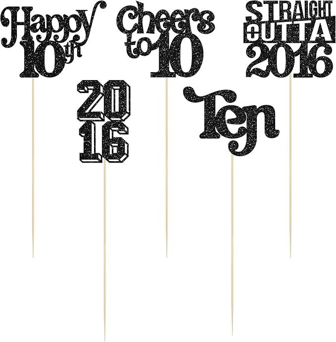 Gyufise 15Pcs Happy 10th Birthday Centerpiece Sticks Ten Straight Outta 2016 Table Flower Centerpieces Sticks Cheers to 10 Decorations for 10th Birthday Party Supplies Black