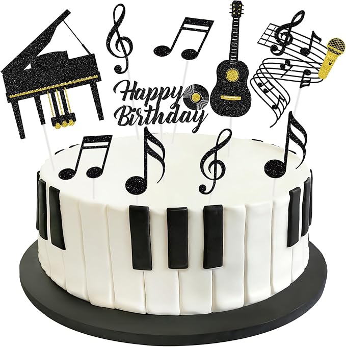 Hooqict 10Pcs Music Cake Decorations Set with Piano, Guitar, Music Notes, Happy Birthday Cake Toppers & Cupcake Toppers for Musician Birthday Party Decorations Supplies
