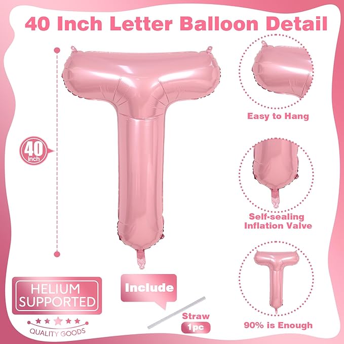 40 Inch Pastel Pink TWO Letter Balloons, Light Pink TWO Balloon Letters with Ribbon, Pearl Pink Alphabet TWO Balloon for Kid Girls 2 Year Old Birthday Second 2nd Anniversary Party Decorations
