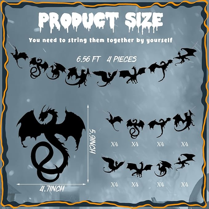 Henoyso 4 Pcs Black Dragon Party Banner Hanging Dragon Decor Birthday Supplies 32 Black Decorations for Birthday Theme Fantasy Party Supplies, 8 Designs