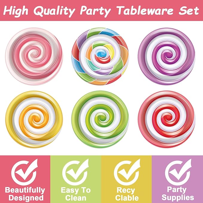 48Pcs Candy Themed Paper Plates for Candyland Party Decorations 7" Colorful Lollipop Candy Disposable Paper Dinner Plates for Sweet Shop Candyland Christmas Birthday Baby Shower Party Supplies