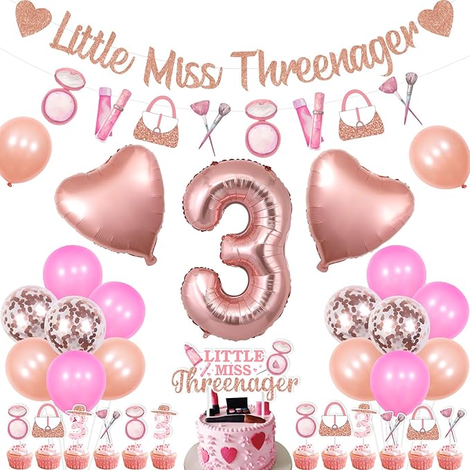 3rd Birthday Decorations for Girls Little Miss Threenager Birthday Decor Banner Makeup Theme Party Garland Cake Toppers Heart Balloon Spa Makeup Theme Party Rose Gold for 3 Year Old Girl