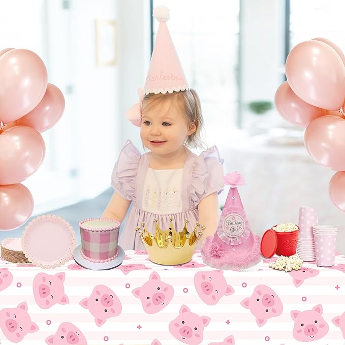 3 Pack Pink Pig Tablecloths for Birthday Party Decorations - Farm Animal Piggy Disposable Plastic Table Covers for Girls' Cartoon Party Supplies, 54 x 87 Inch