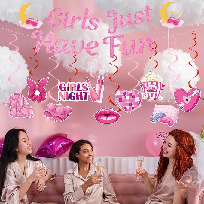 Slumber Party Decorations for Girls - 12 Pcs Spa Pajama Party Decorations for Adults, Sleepover Pink Party Supplies, Girls Just Have Fun Night Decoration