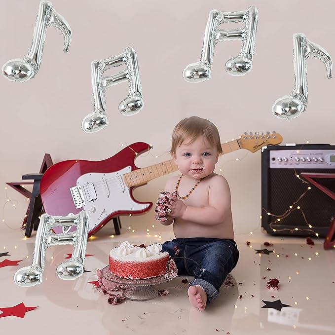 TONIFUL 20pc Music Balloons - Silver Music Notes Party Decorations - Aluminum Foil Balloons for Birthday, Baby Shower, Outdoor Party