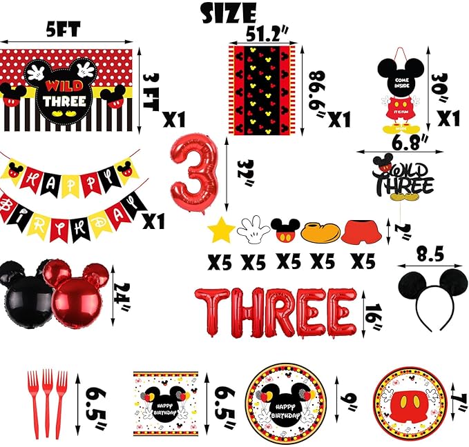 Letromp 191PCS Mickey 3rd Birthday Party Decorations, Boys Wild Three Balloons Arch Garland Kit, Boys Third Bday Backdrop,TableCloth, Tableware for Mickey 3th Birtdhay Party Supplies, Red