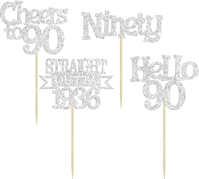 Ephlyn 24Pcs Happy 90th Birthday Cupcake Toppers Glitter Straight Outta 1936 Cupcake Picks Hello 90 Cheers to 90 Years Birthday Cake Decorations for 90th Birthday Anniversary Party Supplies Silver