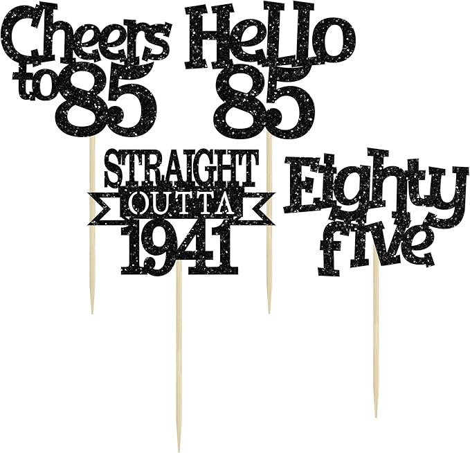 Ephlyn 24Pcs 85th Birthday Cupcake Toppers Glitter Straight Outta 1941 Cupcake Picks Hello 85 Cheers to 85 Years Cake Decorations for 85th Birthday Anniversary Party Decorations Supplies Black