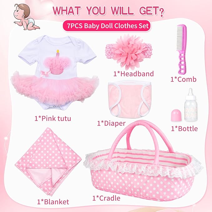 PEDOLLTREE Reborn Baby Dolls Clothes Girl Outfit Accessories Pink Tutu 7 Pcs Set for 17-22 Inch Reborn Doll Newborn Girl with Pink Dot Bassinet