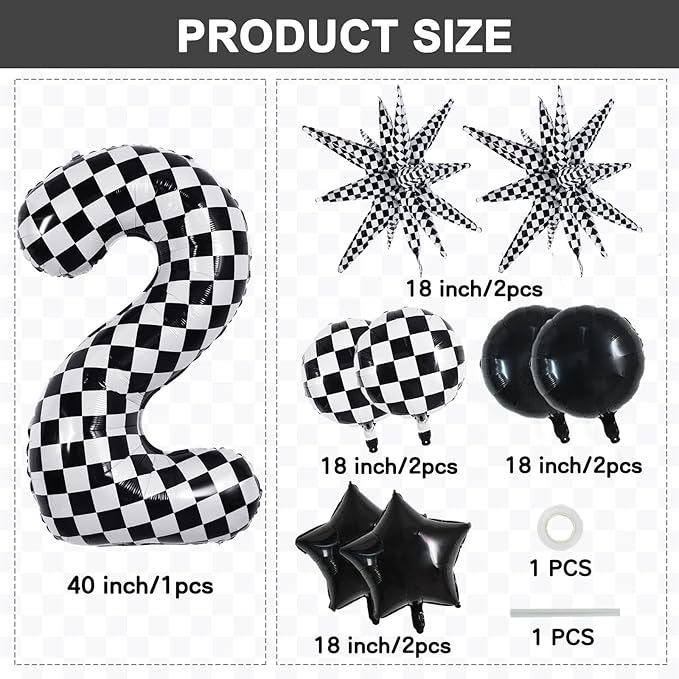 TONIFUL 40 Inch Checkered 2nd Birthday Balloons Set Number 2 Race Car Black White Checkered Round Explosion Star Balloons Boys Race Car Themed Birthday Party Decoraction