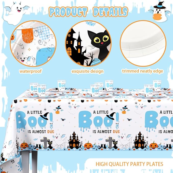 194Pcs Halloween Baby Shower Decorations for Boy A Little Boo is Almost Due Baby Shower Party Plates, Cup, Napkin, Tablecloth, Tableware, Halloween Themed Party Supplies Plates Serve 24 Guests