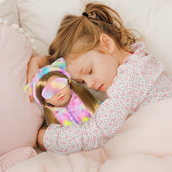 American 18" Doll Clothes and Sleep Bag Accessories,Sleepover Outfit Set Fits 18 Inch Dolls Include Rainbow Costume,Unicorn Style Pillow,Eye Mask,Shoes,Animal Toy Gifts for Girls (No Doll)