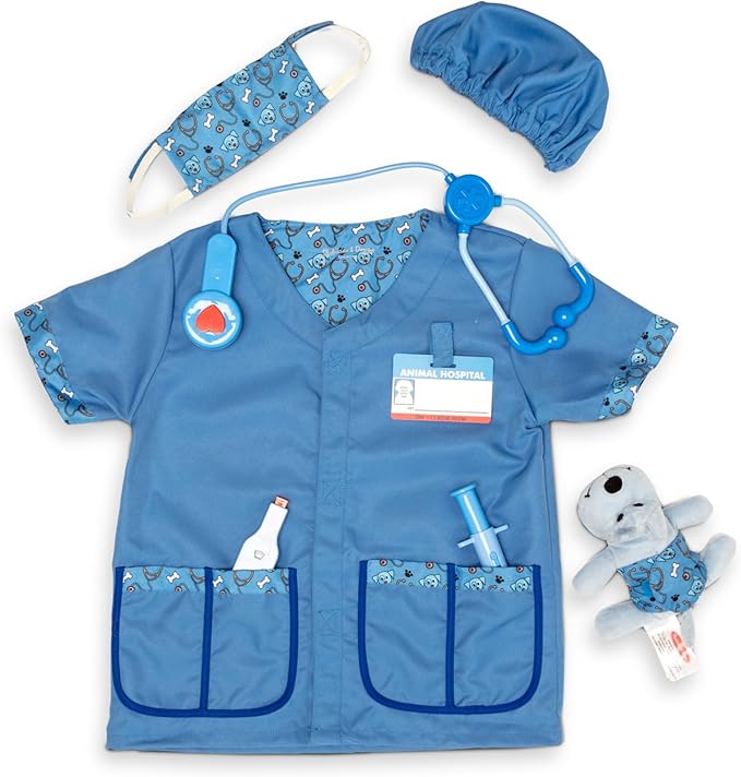 Melissa & Doug Veterinarian Role Play Costume Dress-Up Set, Kids Vet Pretend Play Outfit with Plush Dog, Electronic Stethoscope & Animal Doctor Toys for Kids 3+