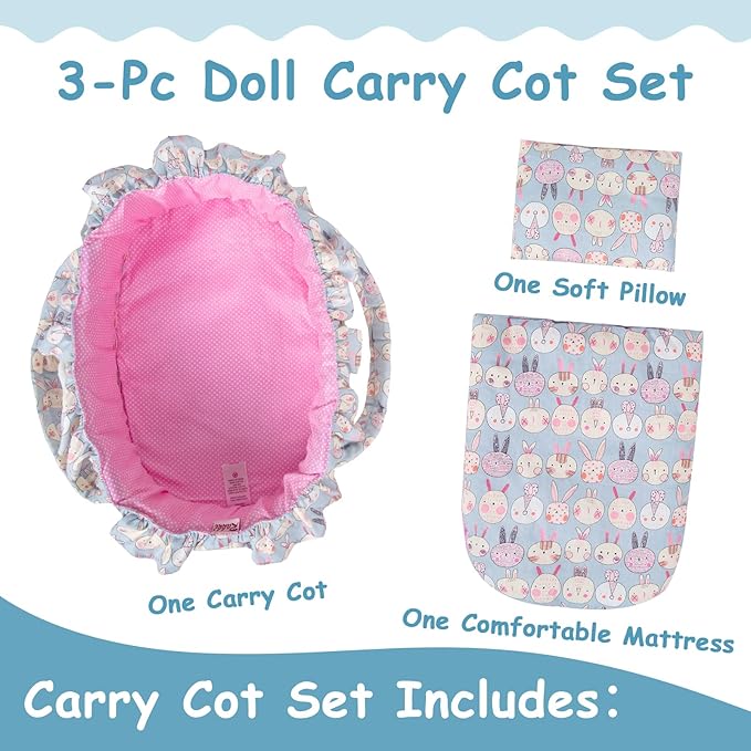 Doll Carry Cot Set, Soft 3PC Set Includes Cot, Mattress and Pillow, Blue Rabbit Doll Bassinet, Fits for 10-12 Inch American Girl Dolls
