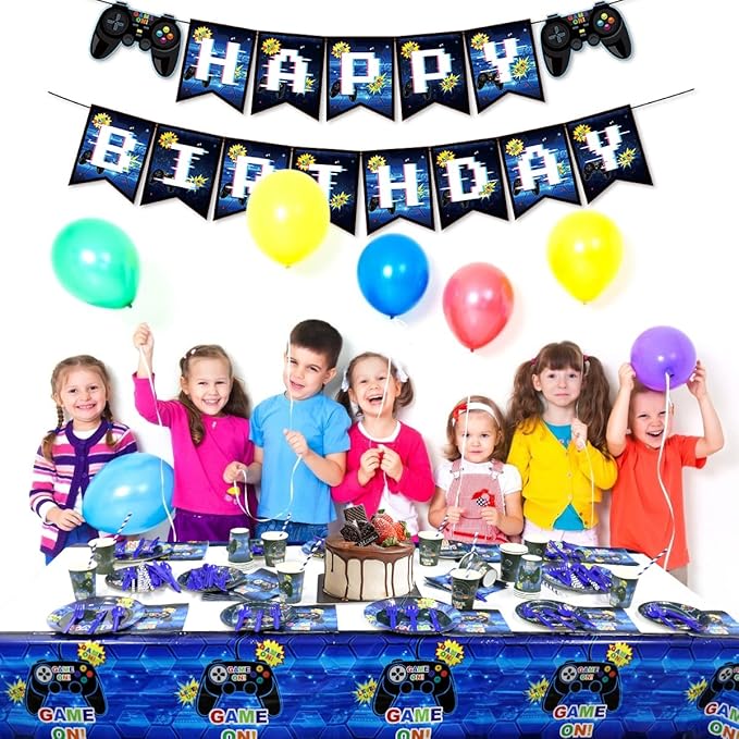 Video Game Party Supplies - Game Birthday Decoration Kit for Boys, Including HAPPY BIRTHDAY Banner, Plates, Cups, Napkins, Tableware, Tablecloths, for Kid Birthday Decoration - Serves 20