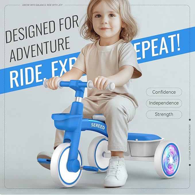 SEREED Colorful Lighting Toddler Tricycle for 2-5 Years Old Boys Girls, Adjustable Seat&Handlebar Trike, Removable Basket, Birthday Gift Idea for Kids Ages 2+ (Blue)