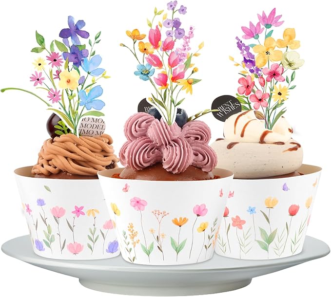 48 Pack Summer Wildflower Cupcake Toppers and Wrappers, Flower Birthday Cake Decoration for Wildflower Theme Birthday Party Baby Shower Party Supplies
