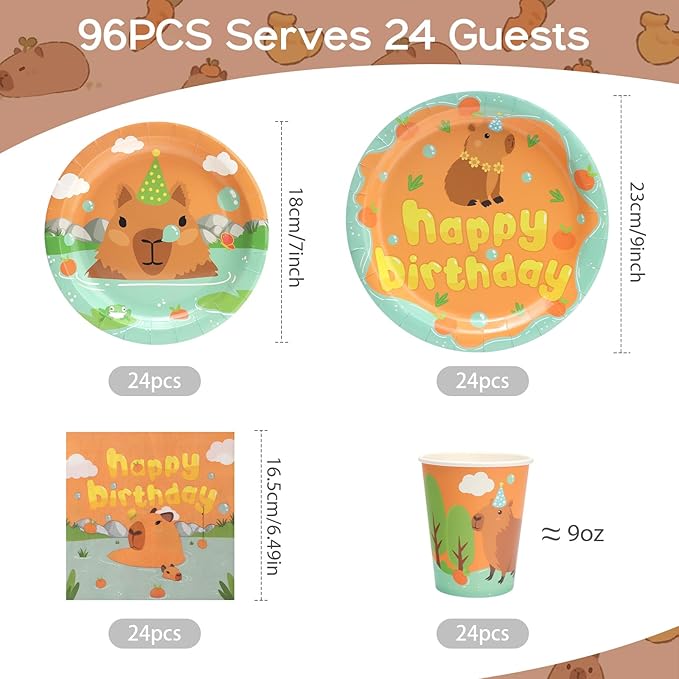 96Pcs Capybara Birthday Party Decorations, Cute Cartoon Capybara Paper Plates and Napkins, Cups Party Supplies Baby Shower Kids Birthday Party Supplies, Serves 24