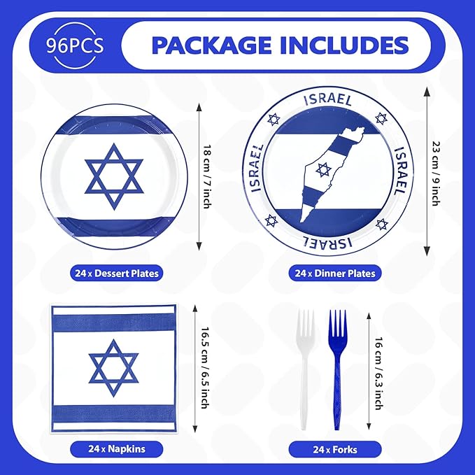 96Pcs Israel Flag Party Supplies Israeli Flag Plates and Napkins Blue and White jewish Flags Tableware Set for Israeli Independence Day Jewish Patriotic Holiday Party Supplies，Serves 24