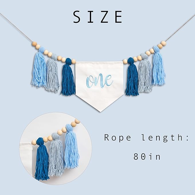 Blue One Tassel High Chair Banner - First Birthday Party Decoration Supplies Garland, Blue Ocean Waves Theme High Chair Tassel Banner, One Sign Birthday Party Backdrop Decoration