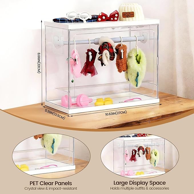 Clear Doll Wardrobe Storage Box Compatible with Labubu 15/17cm Doll Clothes & Accessories, Clear Display Box Shelf, Includes 10 Hangers, 1 Rod & 2 Supports, Stackable