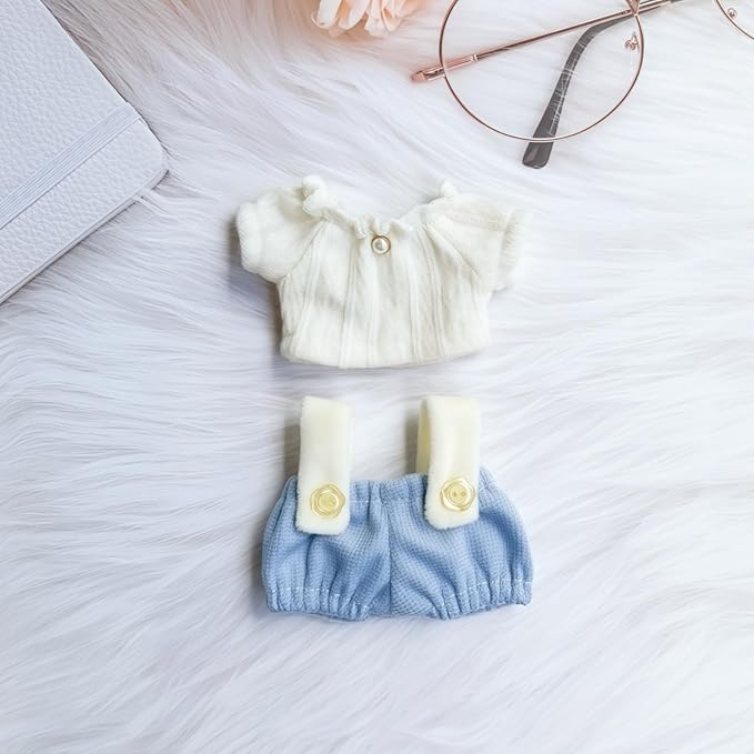 Clothes for Lu bubu 17cm Dolls Accessories(No Doll), Cute Outfit Set 5 Pieces Bib Pants for 17cm Doll Suit, Stylish Dress Up Overalls Doll Clothing Set Replacement with Hat Clothes Shoes Blue