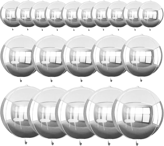 TONIFUL 16Pcs Large Silver 4D Giant Round Foil Balloon 4D Mirror Metallic Mylar Sephere Balloons for Christmas New Year Birthday Party Graduation Wedding Baby Shower Decoration Supplies(Mix Sizes)