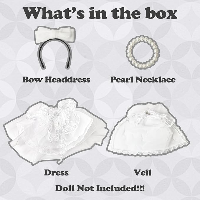 Clothes Compatible with LABUBU Doll - 4PCS Wedding Dress Set, 17cm Doll Clothes Designer Outfit for Bridal Theme, Cute Stylish Accessories for Labubu, No Doll (Ivory Bridal Charm)
