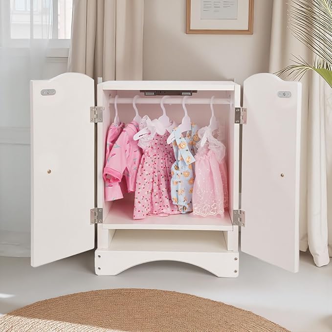 BABESIDE Wooden Baby Dolls Closet for 12-16 Inches Doll, Armoire Dolls Wardrobe for Babys Doll Clothes Storage, Includes 10 Clothes Hangers, Babys Dolls Accessories Furniture fit Dolls Boy Girl