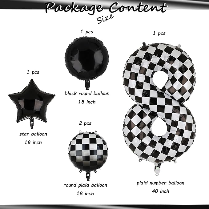 40 Inch Checkered Number Balloon 8 Black and White Race Car Birthday Balloons Baby Hippie Smile Party Shower Boys 8th Birthday Race Car Theme Party Decor Supplies 5 Pcs