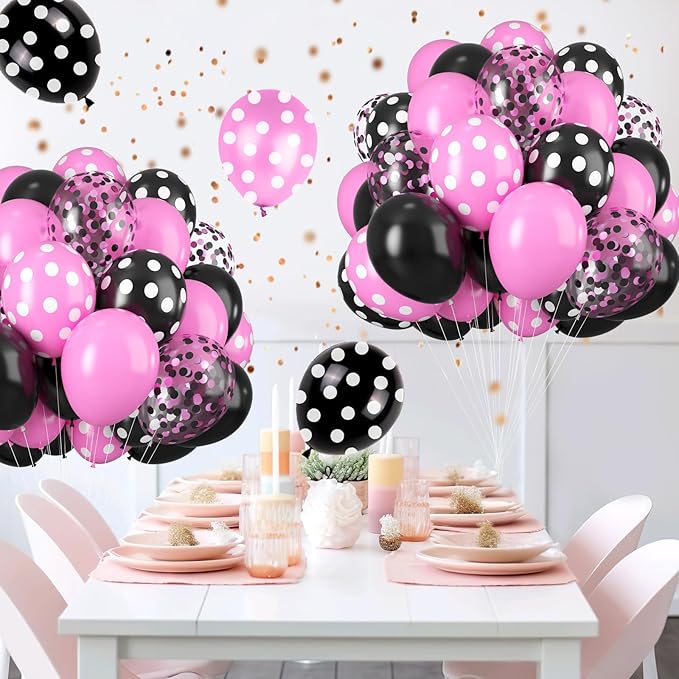 Pink and Black Balloons Set, 12 Inch Black Dots Birthday Balloon, Pink Latex Ballons Confetti Helium Balloons for Girls Theme Birthday Bridal Party Supplies