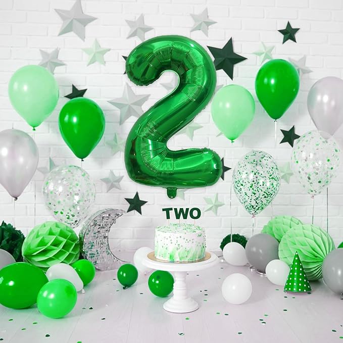 40 Inch 2nd Birthday Number Balloon, Dark Green Foil Self Inflating Balloons, Big Emerald Green Number Balloons 0-9 Set for Women Boys Birthday Party Baby Shower Anniversary Jungle Decoration Supplies