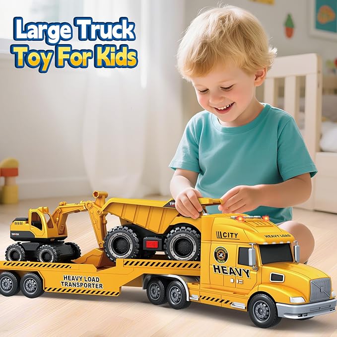 Toddler Boy Toys for 3 4 5 6 7 Years Kids, 27" Semi Construction Carrier Truck Toy with Excavator and Dump Truck, Friction Powered Toys with Lights and Sounds, Birthday for Boy Girls