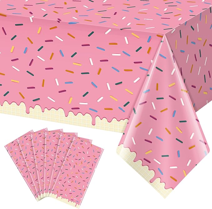 6Pcs Sprinkle Donut Tablecloth, Pink Ice Cream Table Cloth Disposable Plastic Rectangle Table Covers for Baby Girl Sweet One Birthday Donut Grow Up Donut Themed Party Decorations, 54 X 108 Inch