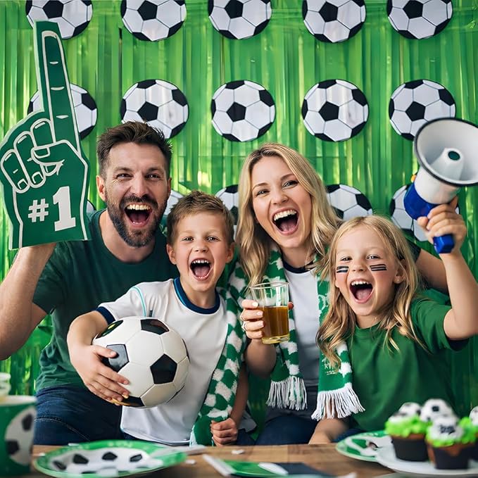 Soccer Birthday Party Decorations - Green White Tinsel Streamers Backdrop Banner | Soccer Party Favors Supplies Indoor Outdoor - Football Birthday Party Accessories for Wall Door