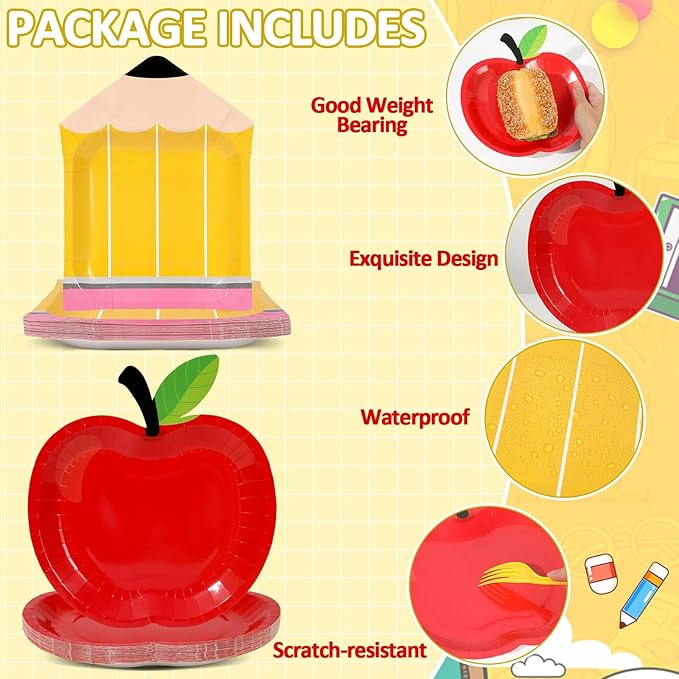 96 Pcs Back to School Tableware Set First Day of School Party Supplies Red Apple Pencil Paper Plates Composition Notebook Napkins Classroom Decoration for Kindergarten Preschool Teacher Party Serve 24