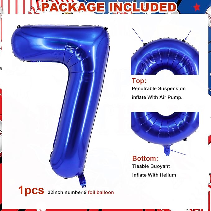 Baseball Birthday Party Balloons, 32 Inch Navy Blue Foil Number 7 Balloon, Baseball Glove Foil Balloon, Red Blue Star Confetti Balloon for 7th Birthday Sports Theme Party Supplies