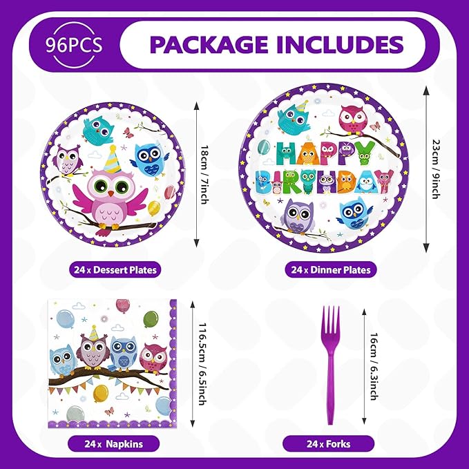 96 Pcs Owl Birthday Party Supplies Cute Cartoon Owl Paper Plates and Napkins Disposable Animal Owl Theme Tableware Set Owl Birthday Party Decorations for Kids Boys Girls Birthday Baby Shower Serves 24