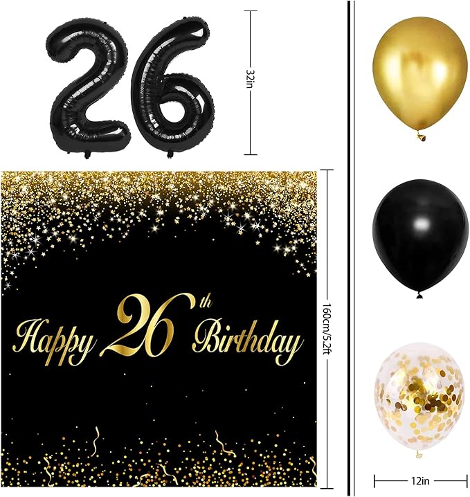 Happy 26th Birthday Balloons Black Set Decor - Cheers to 26 Years Old Party Theme Garland Banner Backdrop Decorations For Women and Men Supplies
